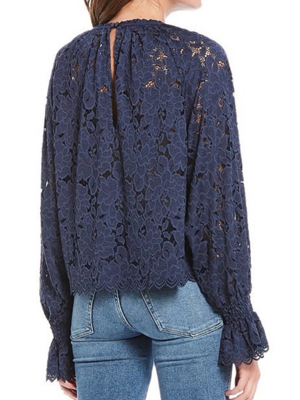 Free People Navy Blue Olivia Balloon‎ Sleeve Lace Blouse Size Medium - Picture 2 of 11
